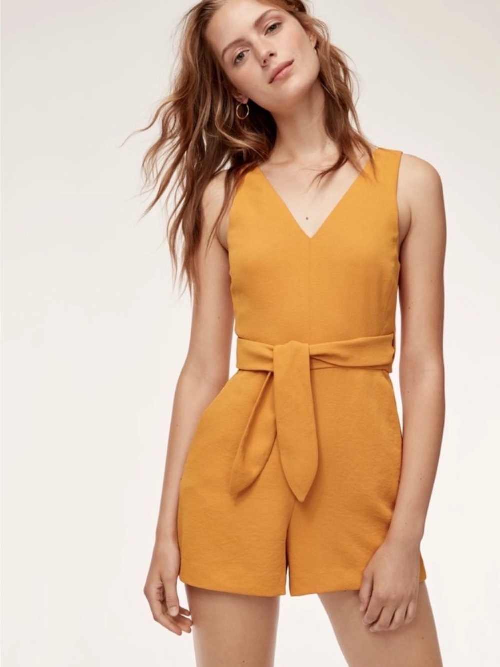 Aritzia Yellow V-Neck Sleeveless Romper with Belt